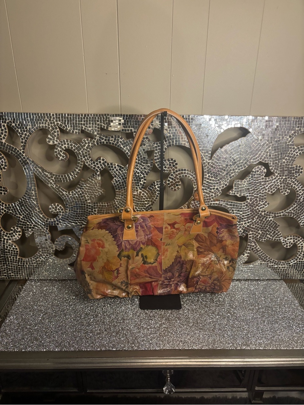 💕Maurizio Taiuti Floral Patchwork Tote with Tan Handles